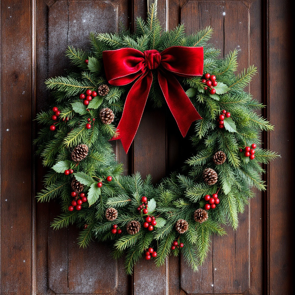 40cm Real Fir Christmas Wreath Red Velvet Bow
